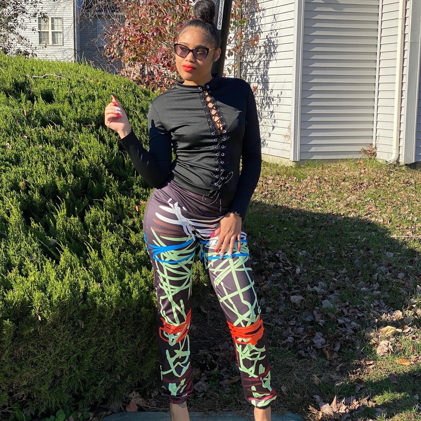 Abstract Pants Set With Lace Print