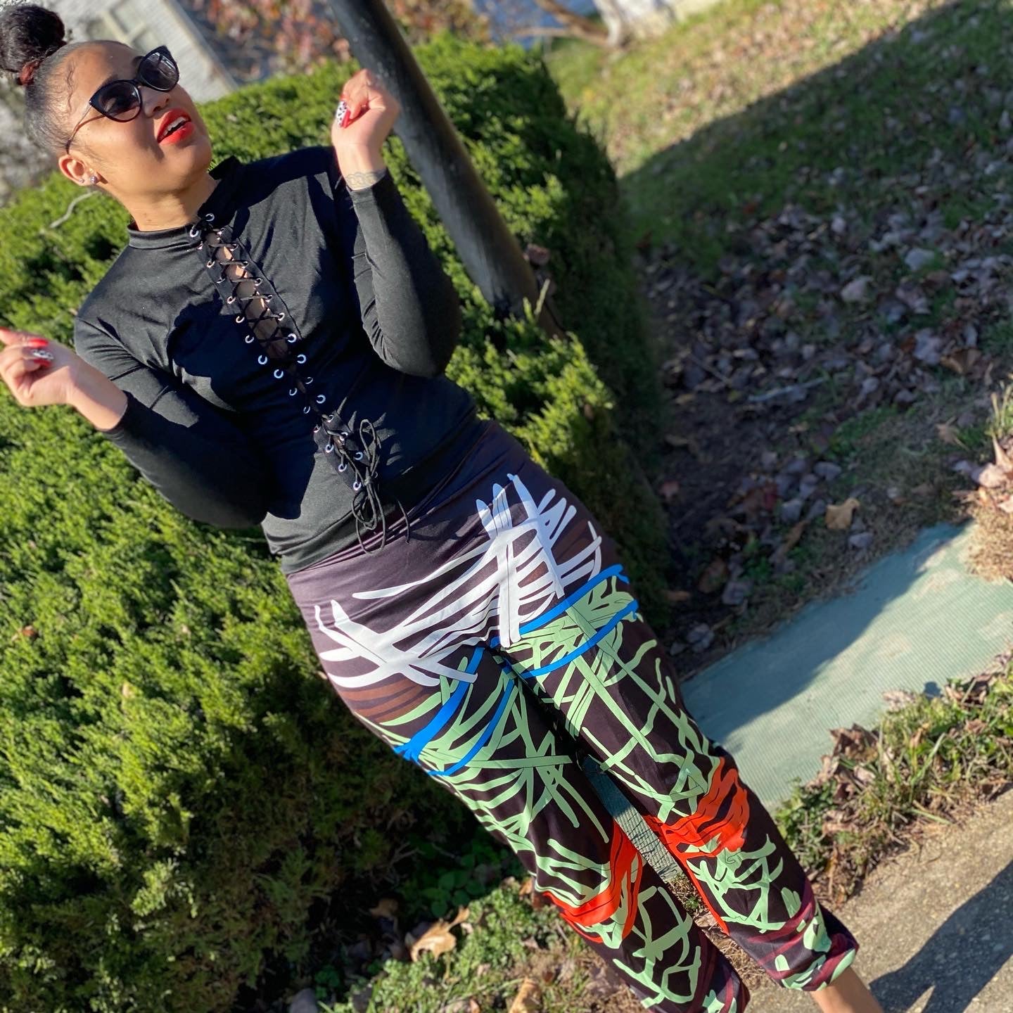 Abstract Pants Set With Lace Print