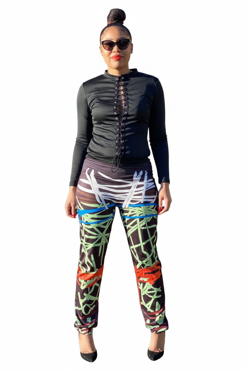 Abstract Pants Set With Lace Print
