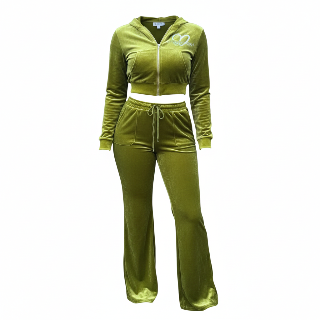 Forest Green Velvet Tracksuit - Front